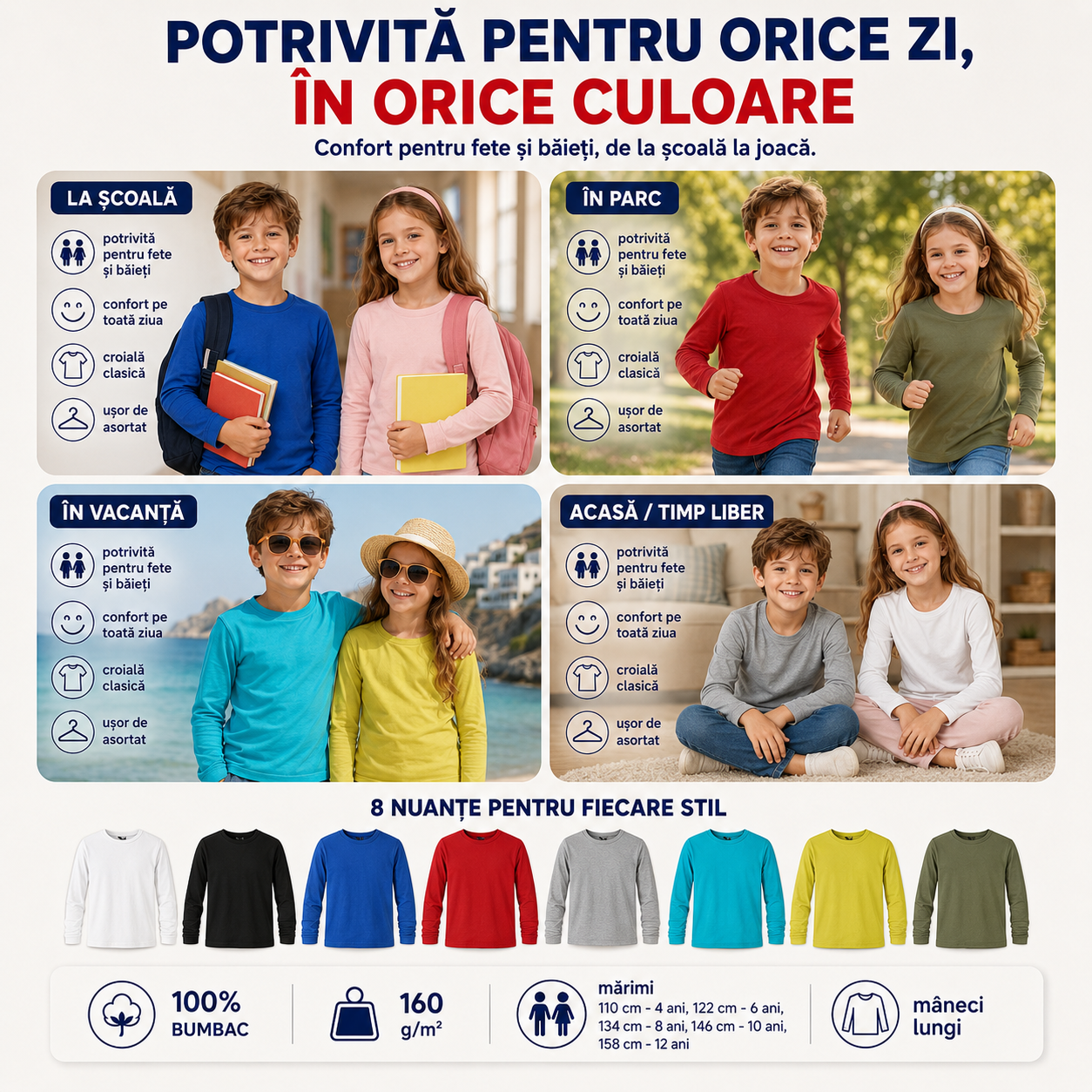 Bluză copii cu m&acirc;necă lungă pentru școală, parc, vacanță și timp liber, 100% bumbac